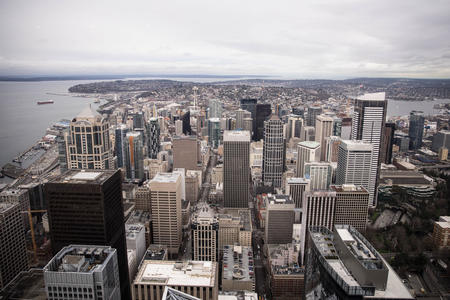 Aerial view of downtown Seattle skyscrapers