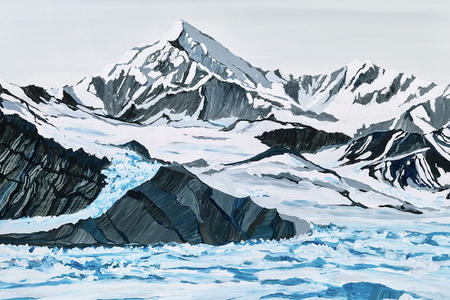 oil painting of a snow capped mountain and glacier