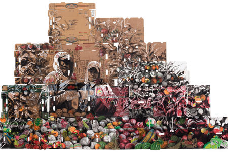 An artwork of two farmworkers posing with piles of produce around them
