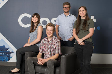 New faces: From left, producers Sarah Hoffman and Eric Keto, staff wruter Josh Cohen, and video editor/ motion graphics specialist Lindsay McLean. (Photo by Matt M. McKnight/Crosscut)
