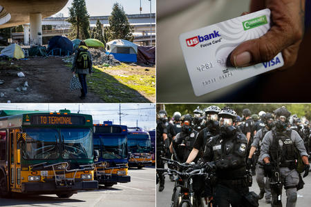 Four photos, from top left: A tent encampment, someone holding a credit card, a crowd of police in gas masks in riot gear, and a row of buses.