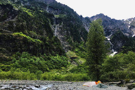 Tents along a mountain stream
