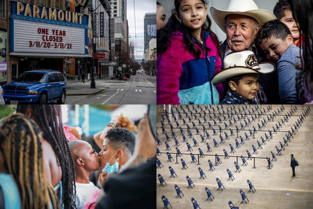 a grid of four images, clockwise from top left a Paramount Theater marquis reads One Year Closed, an older man is surrounded by his grandchildren, two women in a crowd share a kiss, a lone figure stands before rows of empty folding chairs at a mass vaccination site
