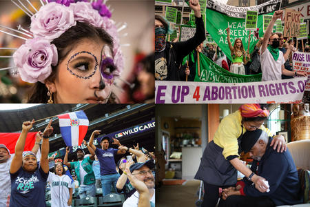 a grid of four images, clockwise from top left a woman in face paint and a floral head dress, a protest in favor of abortion rights, an older couple holds each other, Mariners fans cheer in a stadium 