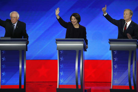 Bernie Sanders, Amy Klobuchar and Tom Steyer at a Democratic debate