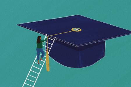 an illustration of a woman climbing a ladder to the top of a graduation cap