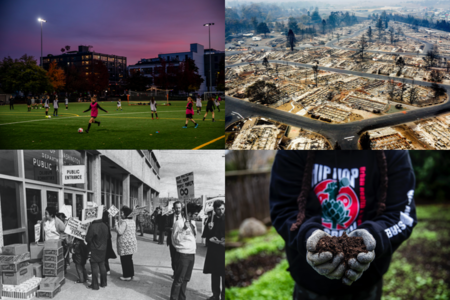 Four pictures: Cal Anderson park, a bird's eye view of Seattle, an old photo of a protest, and hands holding dirt