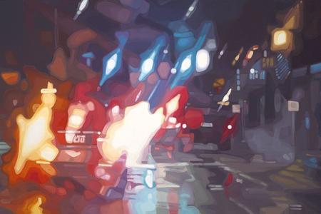 abstract painting of a street scene with rain-smeared lights