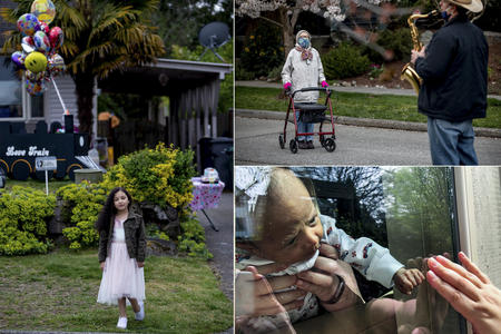 A girl standing on her lawn with birthday balloons behind her, an elderly woman wearing a face mask listening to a neighbor play the saxophone, and a baby reaching out to a hand on the other side of a glass door