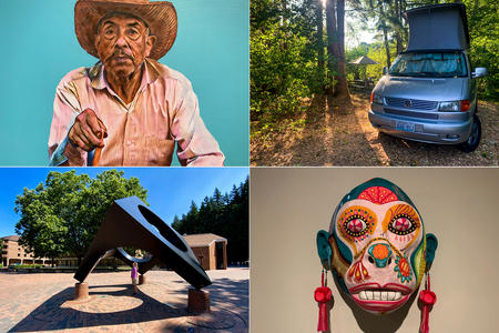 a grid of images: a painting, a mask, a sculpture a camper van