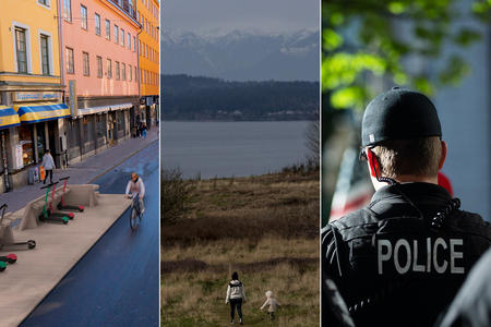 Three images: A rendering of people walking and biking on a city street, people walking in a park, and a police officer