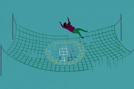 Illustration of woman falling into a tattered safety net