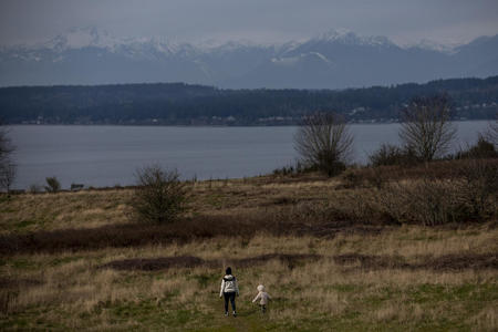 A view of Discovery Park, overlooking the Puget Sound and the Olympics, on March 1, 2021. (Dorothy Edwards/Crosscut)
