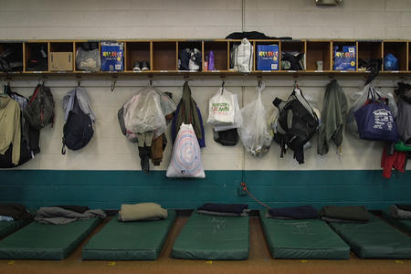 Mattresses inside a homeless shelter