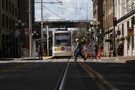 One of Seattle’s current streetcars at S Jackson St. & Occidental Ave S. (Photo by Matt M. McKnight/Crosscut)