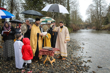 A group of people holding umbrellas stands on the bank of a stream, at the center a priest wears yellow vestments