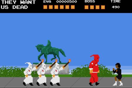 screenshot from a video game with a woman fighting off KKK members