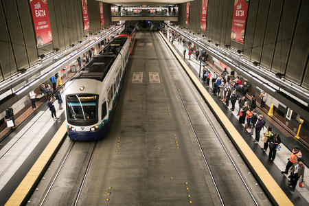 A light rail train in the downtown transit tunnel