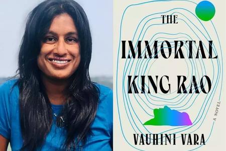 a side by side image of a woman with long dark hair in a blue shirt and a book cover reading The Immortal King Rao