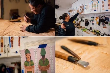 Four photos: Andrea Wilbur-Sigo at work carving a log in her studio and close ups of her carving sketchese and tools.
