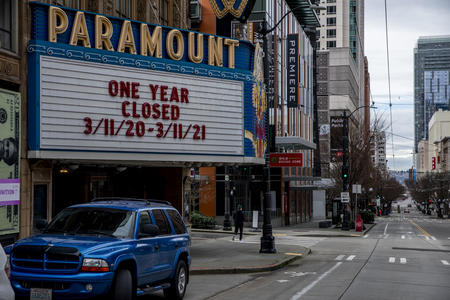 A photo of the outside of Seattle's Paramount Theater during the pandemic.