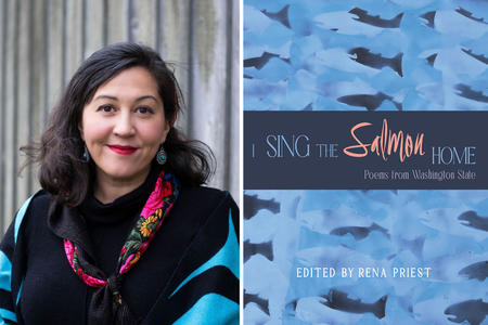 left photo of a woman with brown hair in a dark shirt, right side book cover reading I Sing the Salmon Home