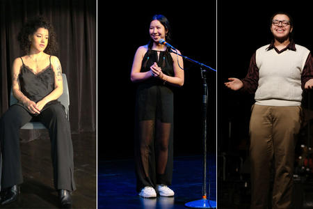 A triptych of three different images; a girl sitting down on the left; a girl in the middle standing and smiling; a guy performing on the right