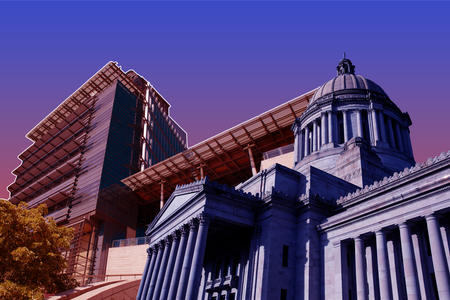 An illustration of the Capitol and a city hall.