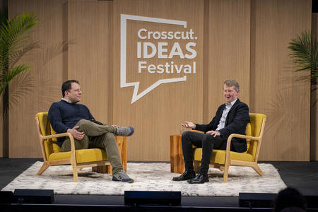 Peter Kafka and Ken Jennings at the Crosscut Ideas Festival stage