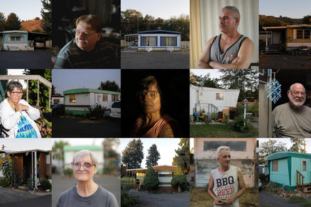 An array of portraits of mobile home residents next to images of their homes.