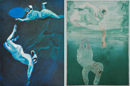 a side by side image of two paintings, both of divers diving down underwater, one blueish one greenish