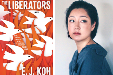 On the left, a red book cover with white birds flying; on the left, a headshot of a woman