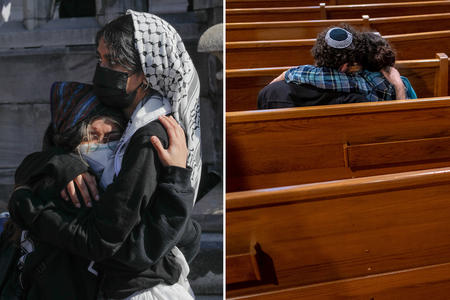 Two images of people comforting each other at local events