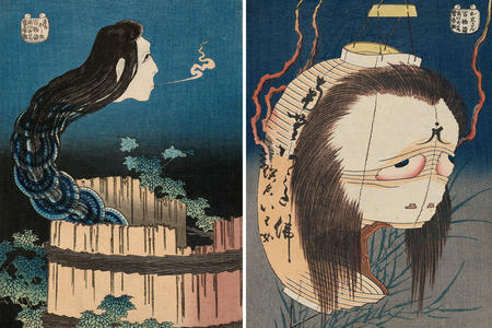 two woodblock prints side by side, both of spooky Japanese ghosts