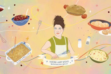 Thanksgiving Audio Potluck - illustration of host Rachel Belle and Thanksgiving side dishes