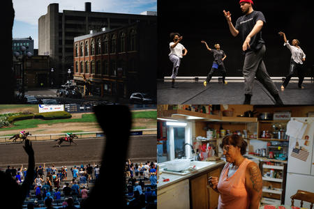 A grid of four images, counterclockwise from top left: A building lit by afternoon sun, dancers rehearsing in a studio, a woman in the kitchen of her mobile home, fans cheering at a horse race