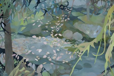 abstract painting of a forest floor in soft blues and greens