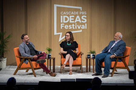 Show host David Greene (left) sits with speakers Sarah Isgur (center) and Mo Elleithee (right) 
