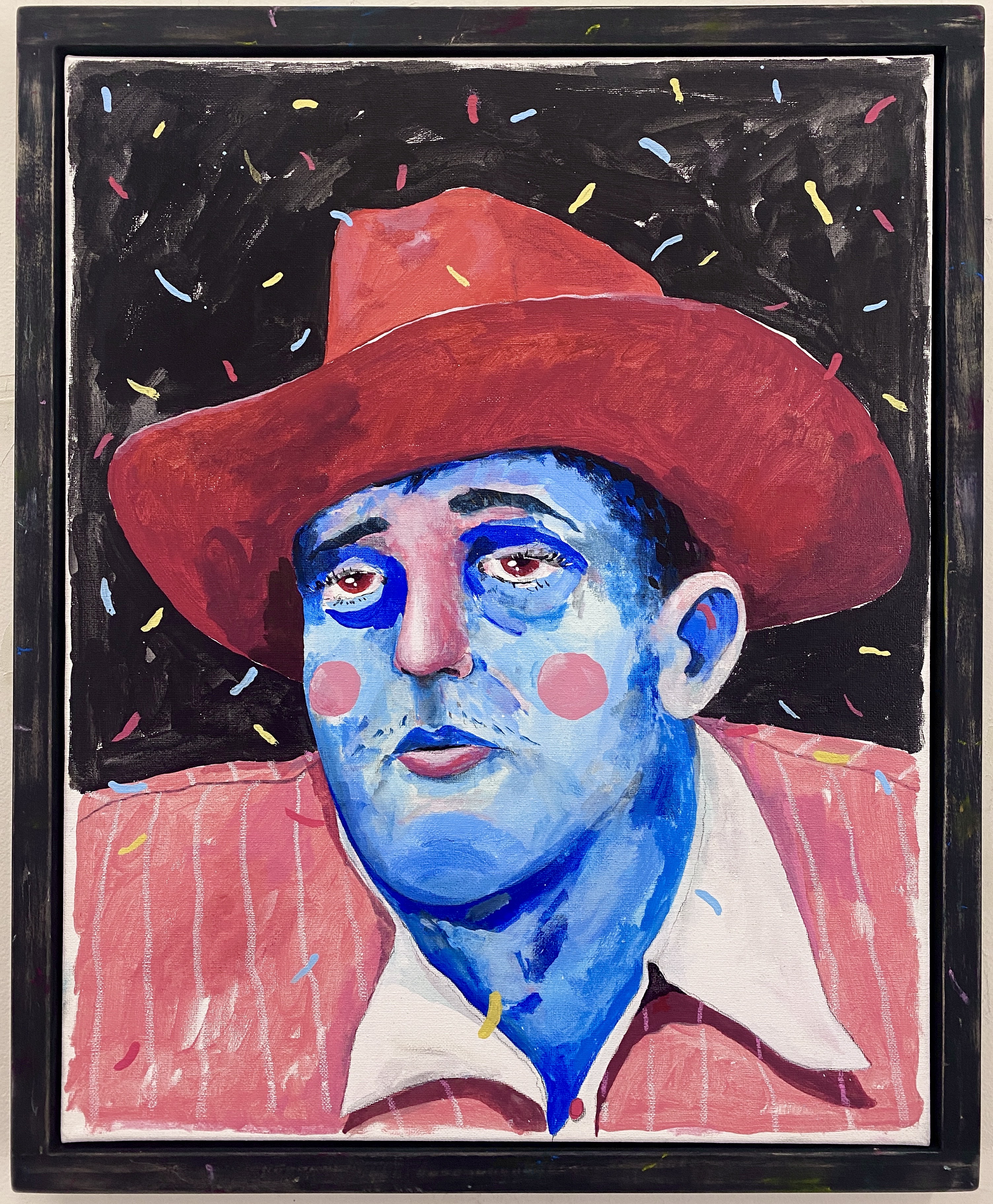 A cartoonish portrait of a blue skinned man wearing a red cowboy hat. The man looks sad