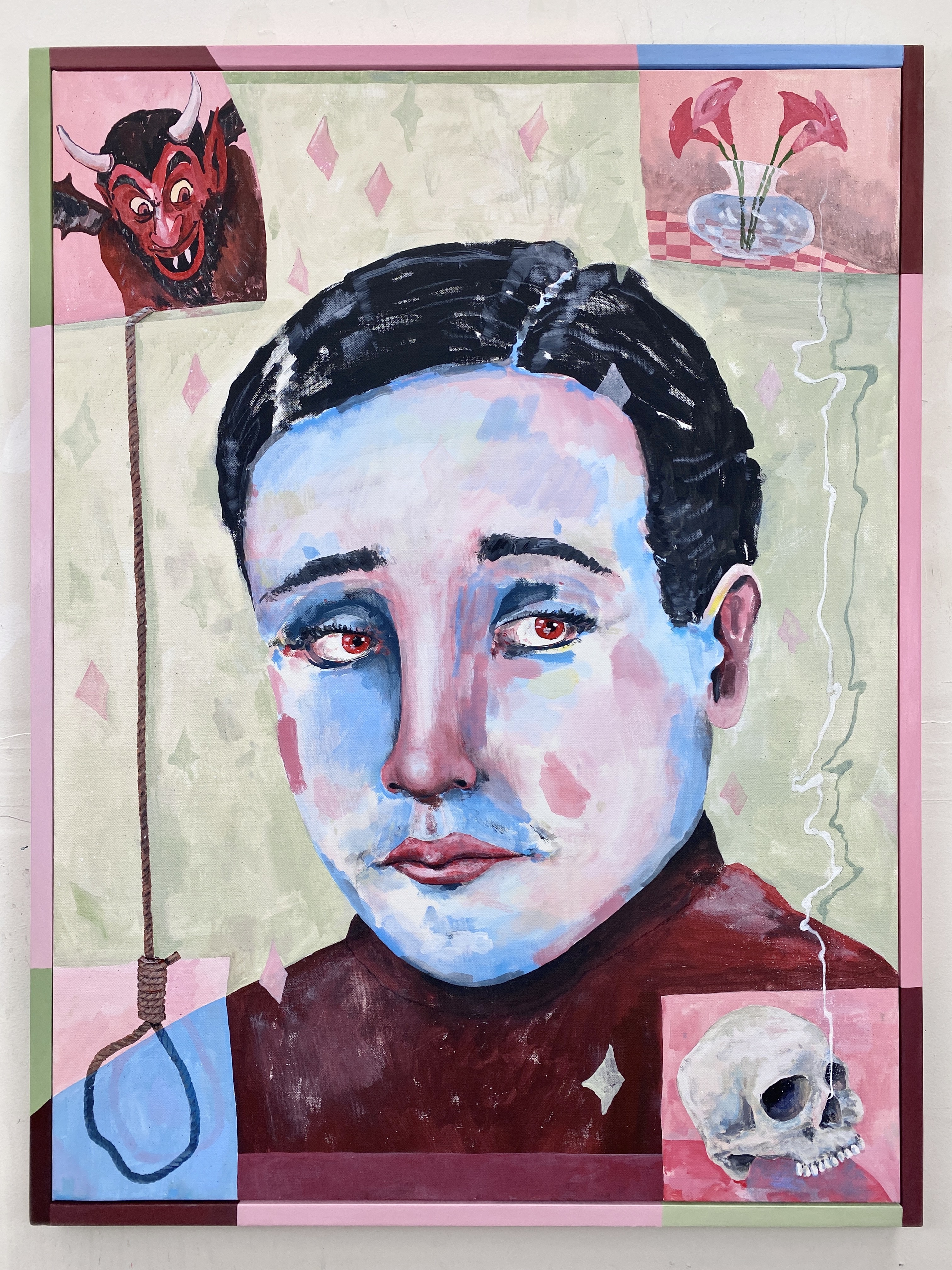 A cartoonish portrait of a blue skinned man with red eyes, with a devil in the upper left corner, flowers in the upper right, a noose on the lower left, and a skull on the lower right